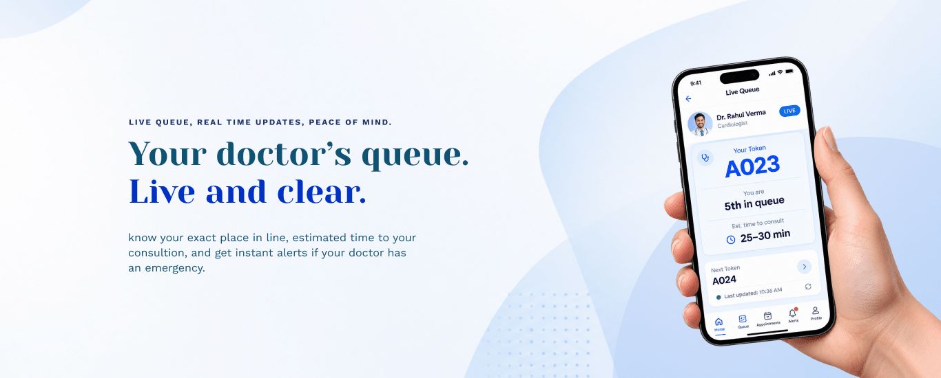 Your doctor's queue. Live and clear. — OPDlive app showing live queue position