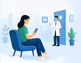 Illustration of a patient checking the app while a doctor waits